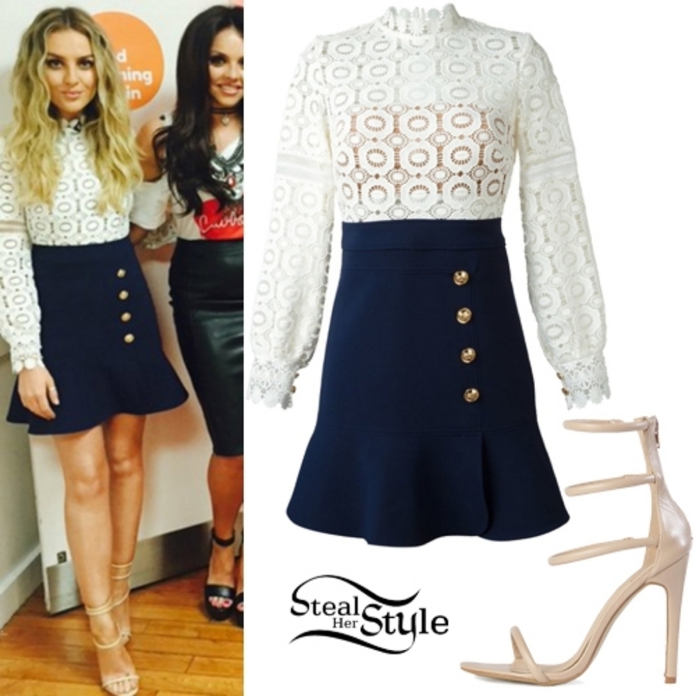 Self Portrait White Lace and Navy Blue Dress with Gold Buttons